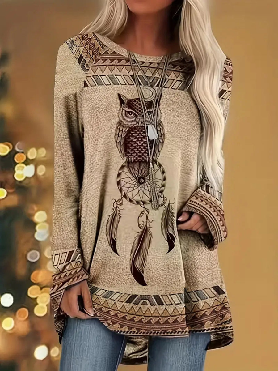 Vintage Ethnic OWL Printed Crew Neck Loose Women's T-shirt