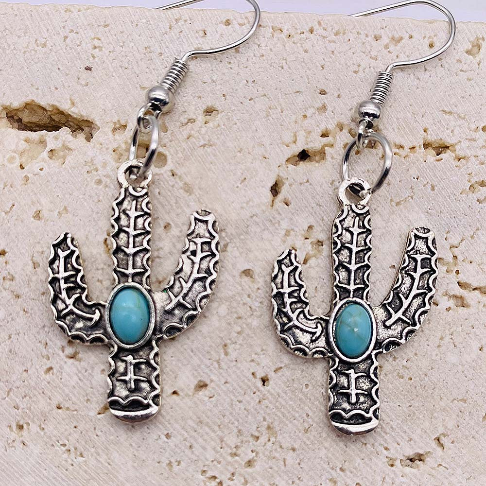 Retro Ethnic Style Bumpy Turquoise Cactus Flower Earrings