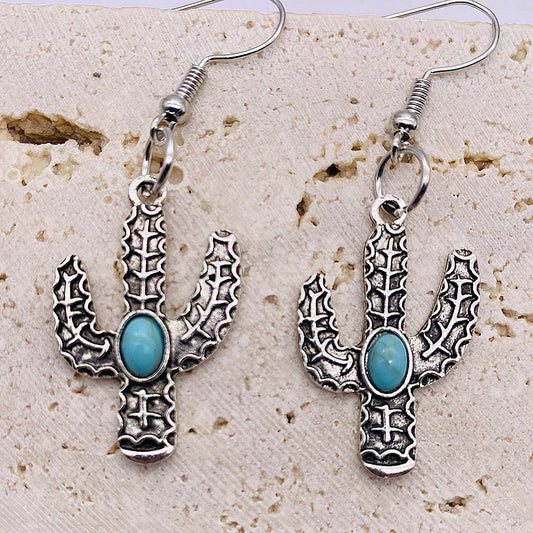 Retro Ethnic Style Bumpy Turquoise Cactus Flower Earrings