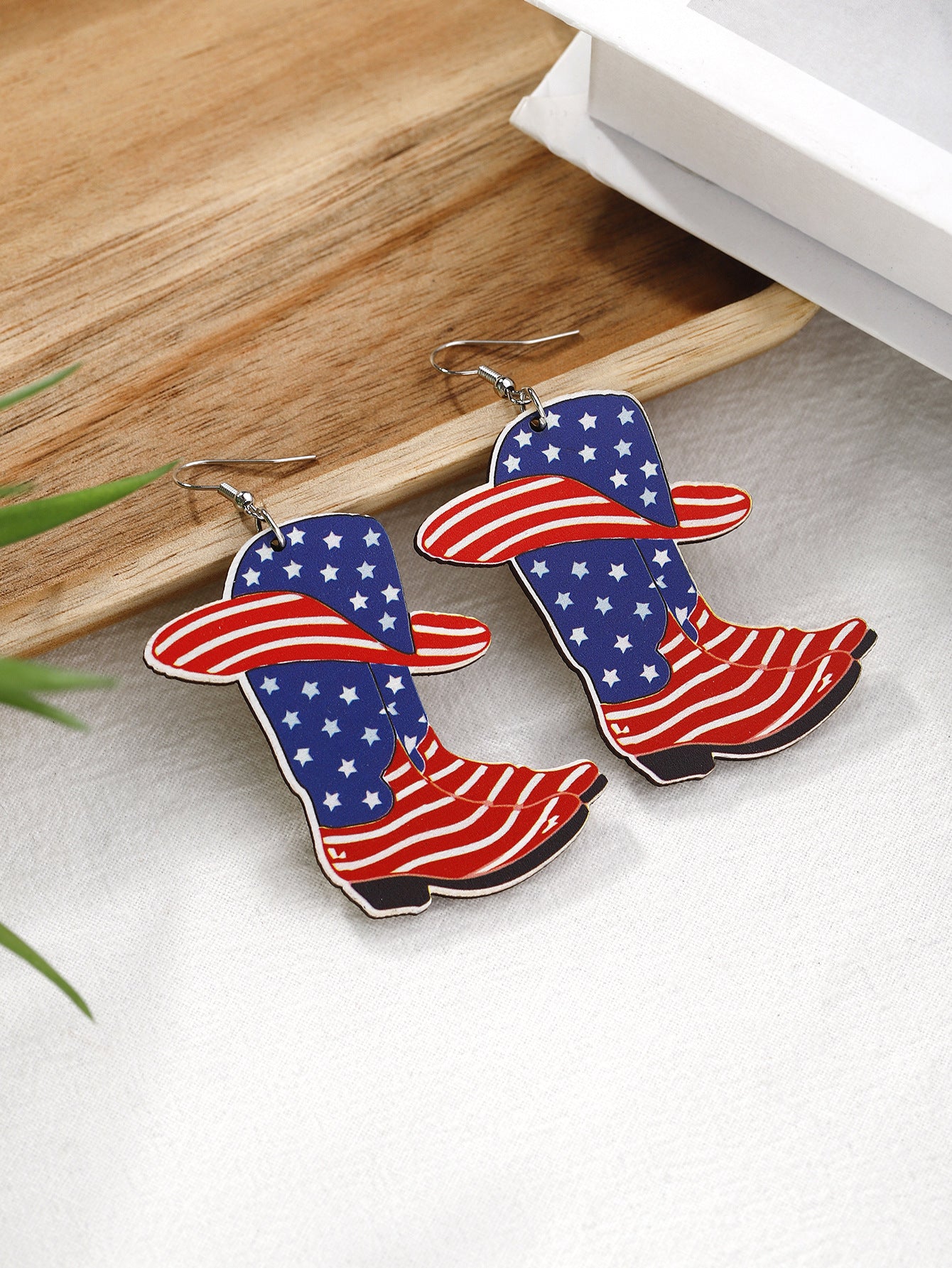 Wooden Western Cowboy Boots Oil-Drip Independence Day Earrings