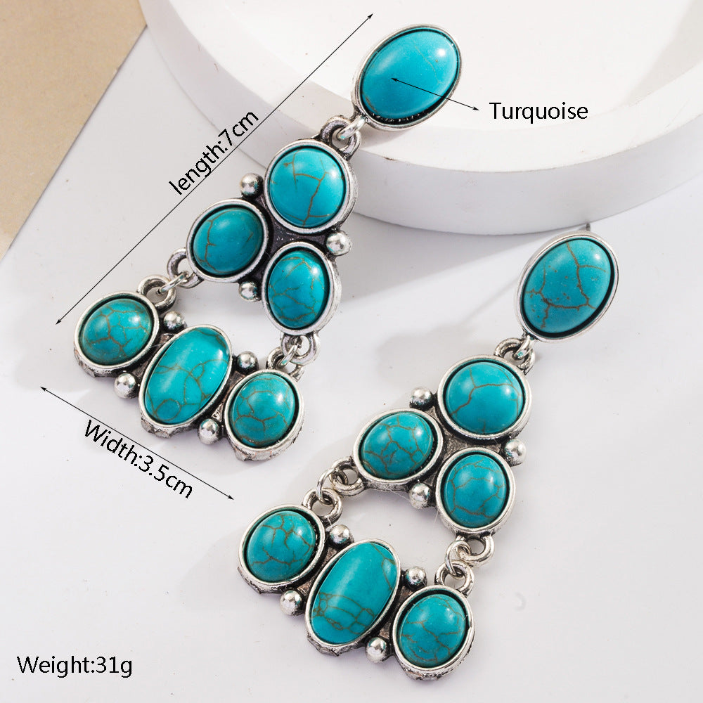 Turquoise Retro Geometric Multi-Layered Long Earrings