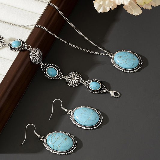 Western Style Turquoise Necklace Earrings Bracelet Jewelry Set