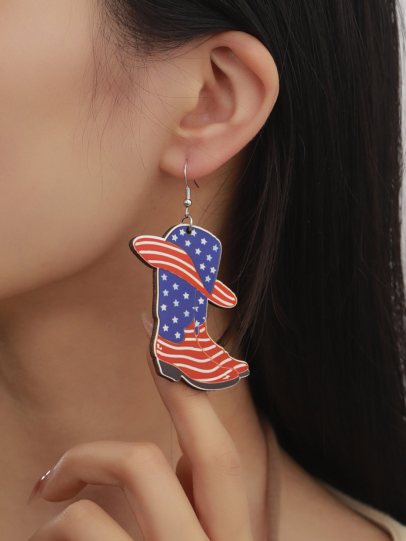 Wooden Western Cowboy Boots Oil-Drip Independence Day Earrings