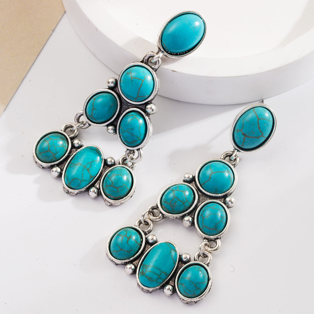 Turquoise Retro Geometric Multi-Layered Long Earrings