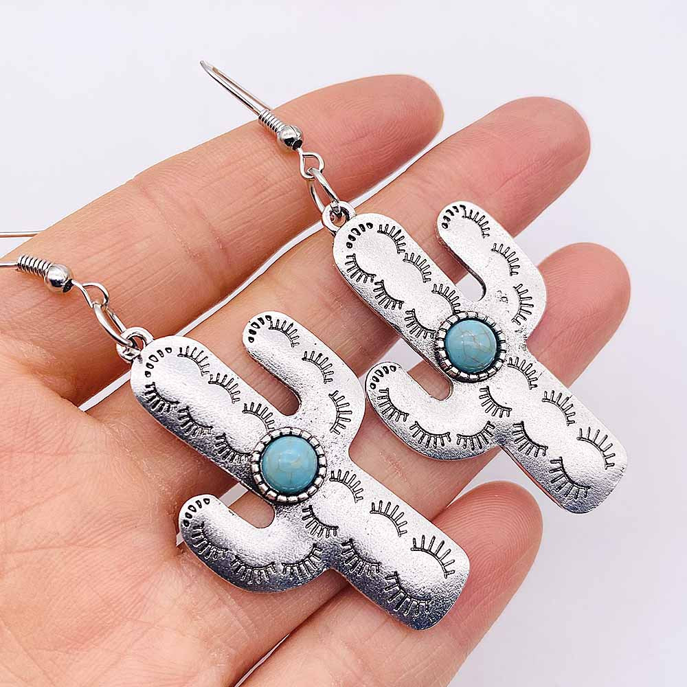 Retro Ethnic Style Bumpy Turquoise Cactus Flower Earrings