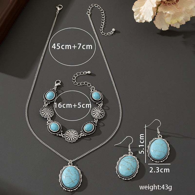 Western Style Turquoise Necklace Earrings Bracelet Jewelry Set