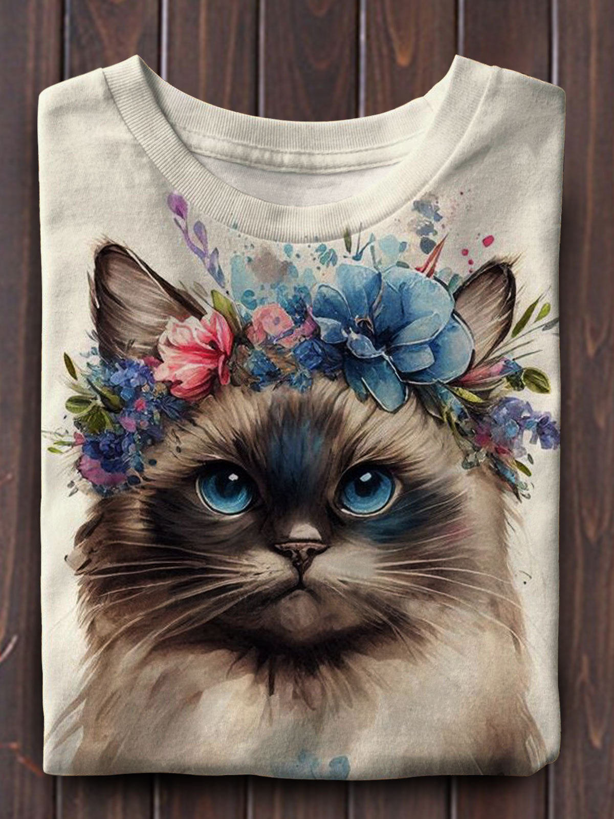 Watercolor Cat Blue Eye Printed Crew Neck T-Shirt