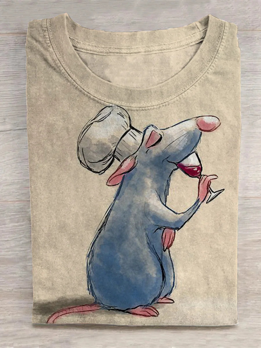 Cute Mouse Chef Printed Crew Neck T-Shirt