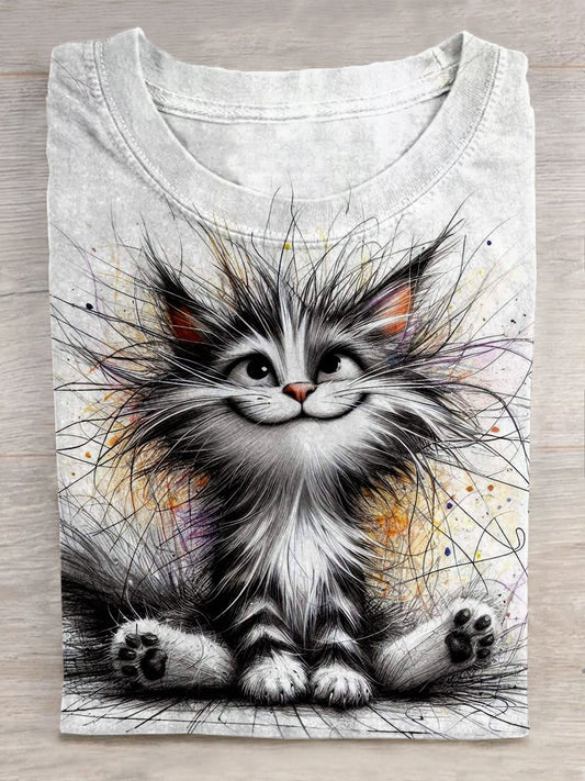 Funny Furry Cat Print T-Shirt