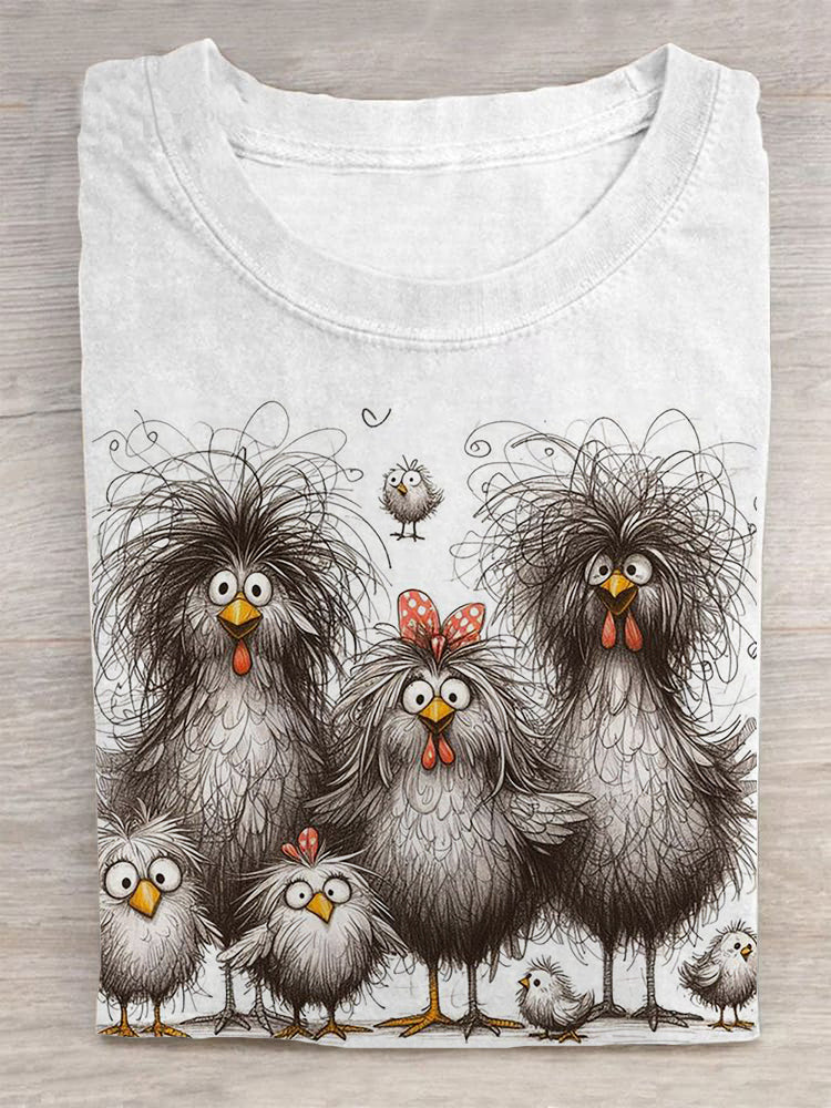 Funny Chicken Family Printed Crew Neck T-shirt