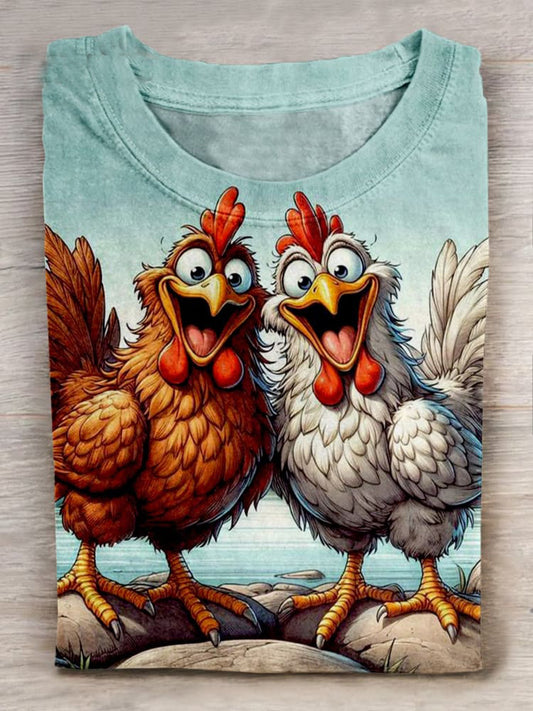 Funny Chicken Art Printed Crew Neck T-shirt