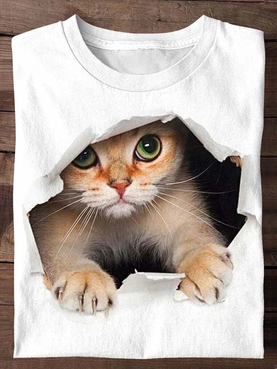 Cat 3D Lovely Face Printed Crew Neck Unisex T-shirt