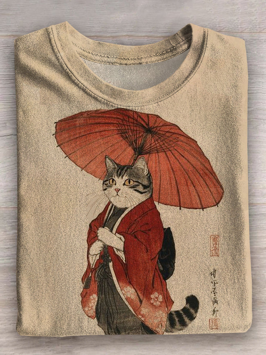 Japanese Retro Cat Art Printed Crew Neck T-shirt