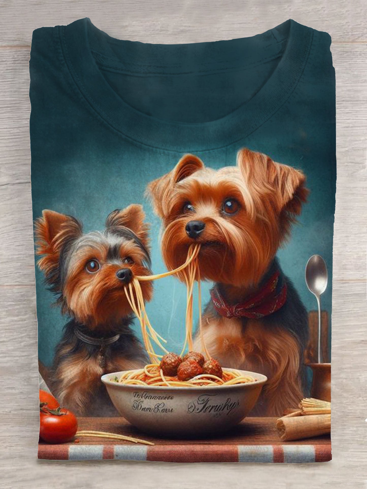 Puppy Eating Noodles Printed Crew Neck T-shirt