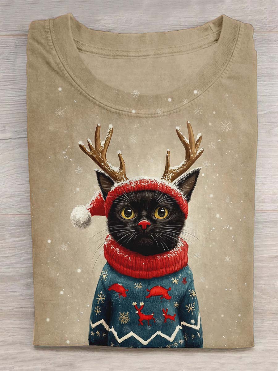 Christmas Cat Printed Crew Neck T-shirt