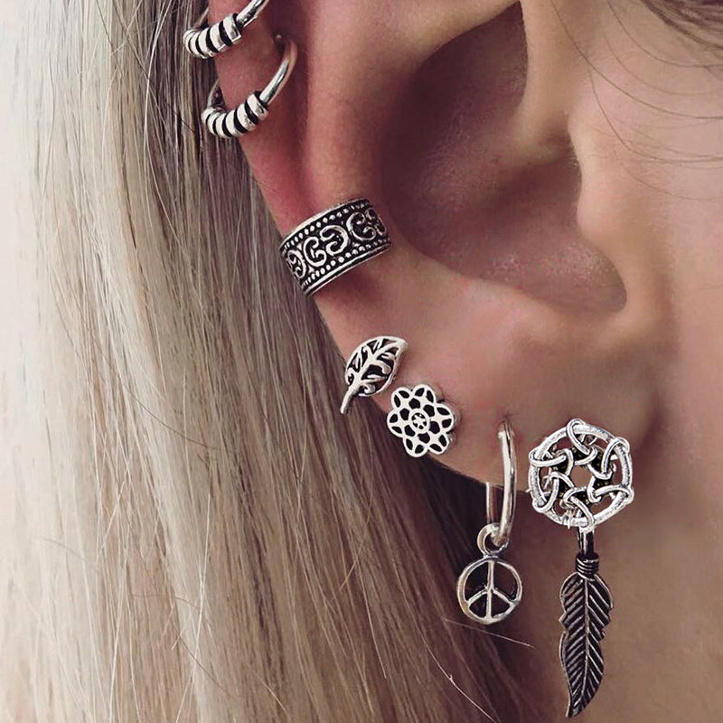 Ethnic dreamcatcher leaf design earrings 7-piece set