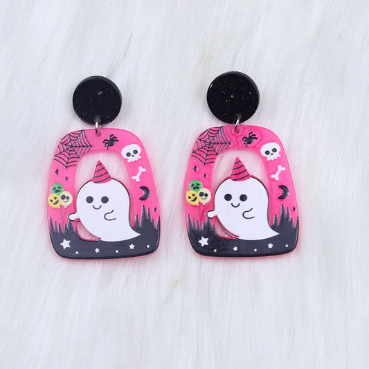 Square Round Acrylic Cartoon Ghost Pumpkin Cat Hollow Earrings