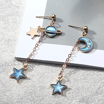 Blue Starry Planet Long Asymmetric Stud Earrings