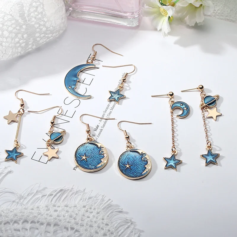 Blue Starry Planet Long Asymmetric Stud Earrings