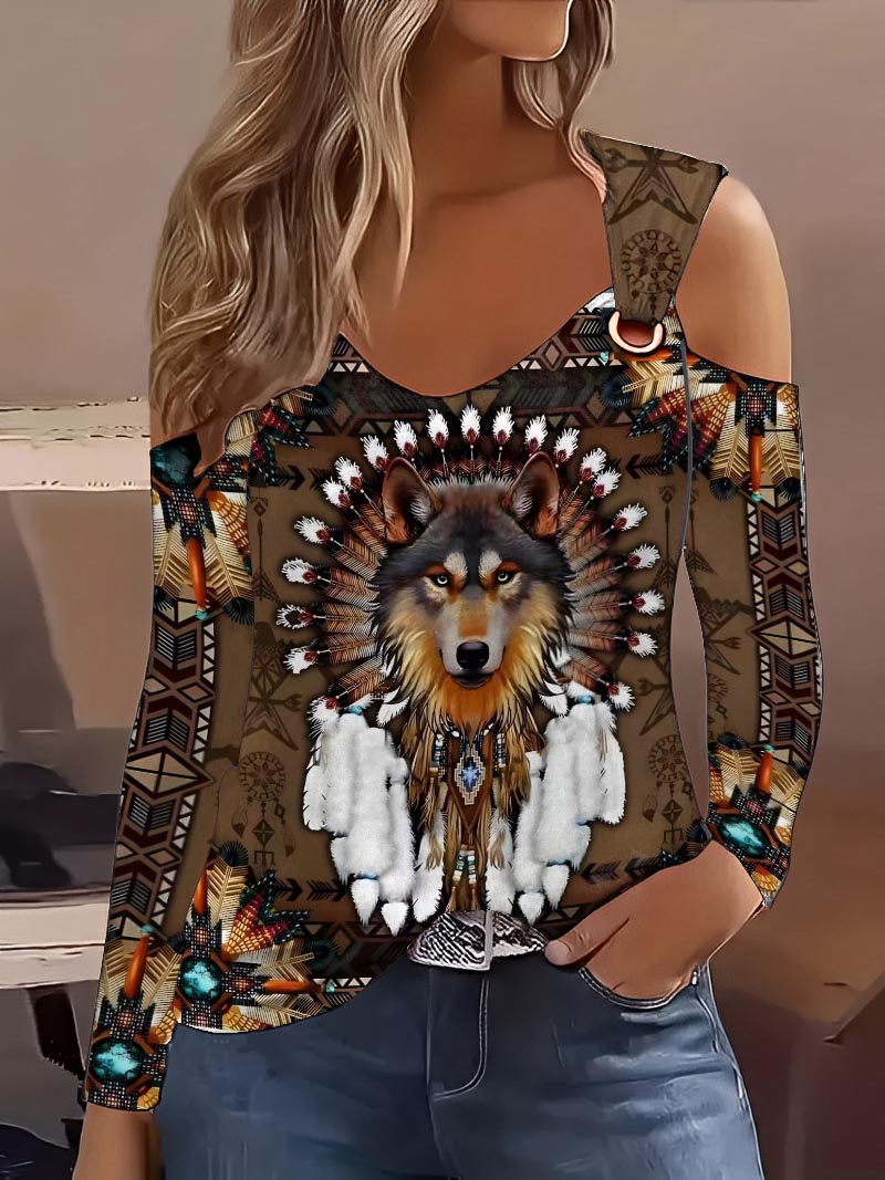 Retro Western Style Wolf Women's Long Sleeve T-shirt