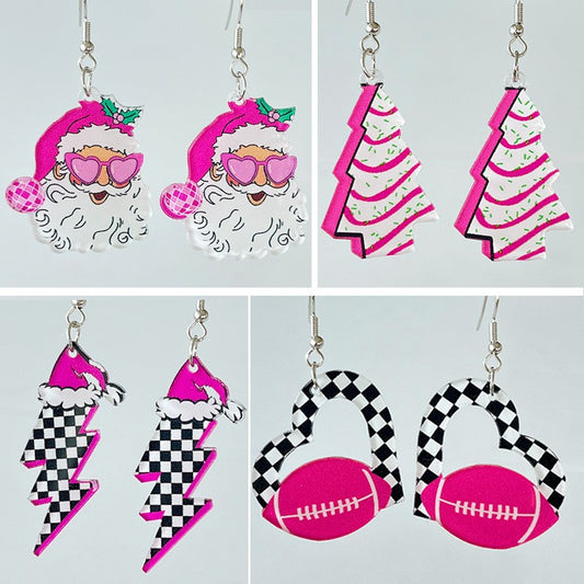 Pink Santa Christmas Tree Football Earring