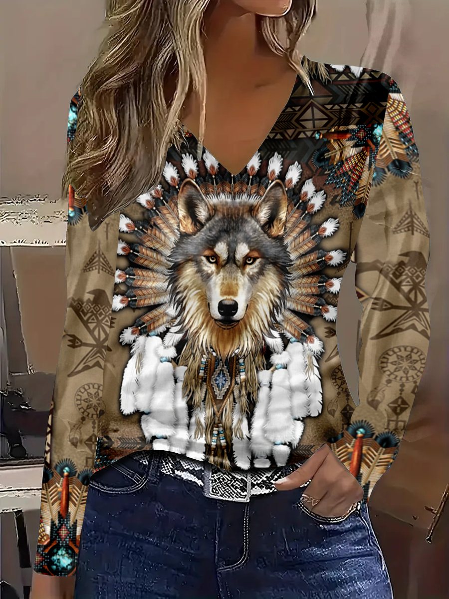 Western Style Wolf Women's V-neck Long Sleeve T-shirt