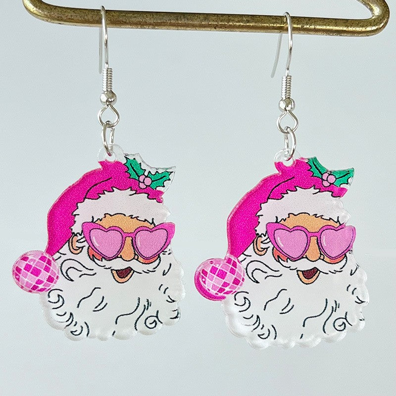 Pink Santa Christmas Tree Football Earring