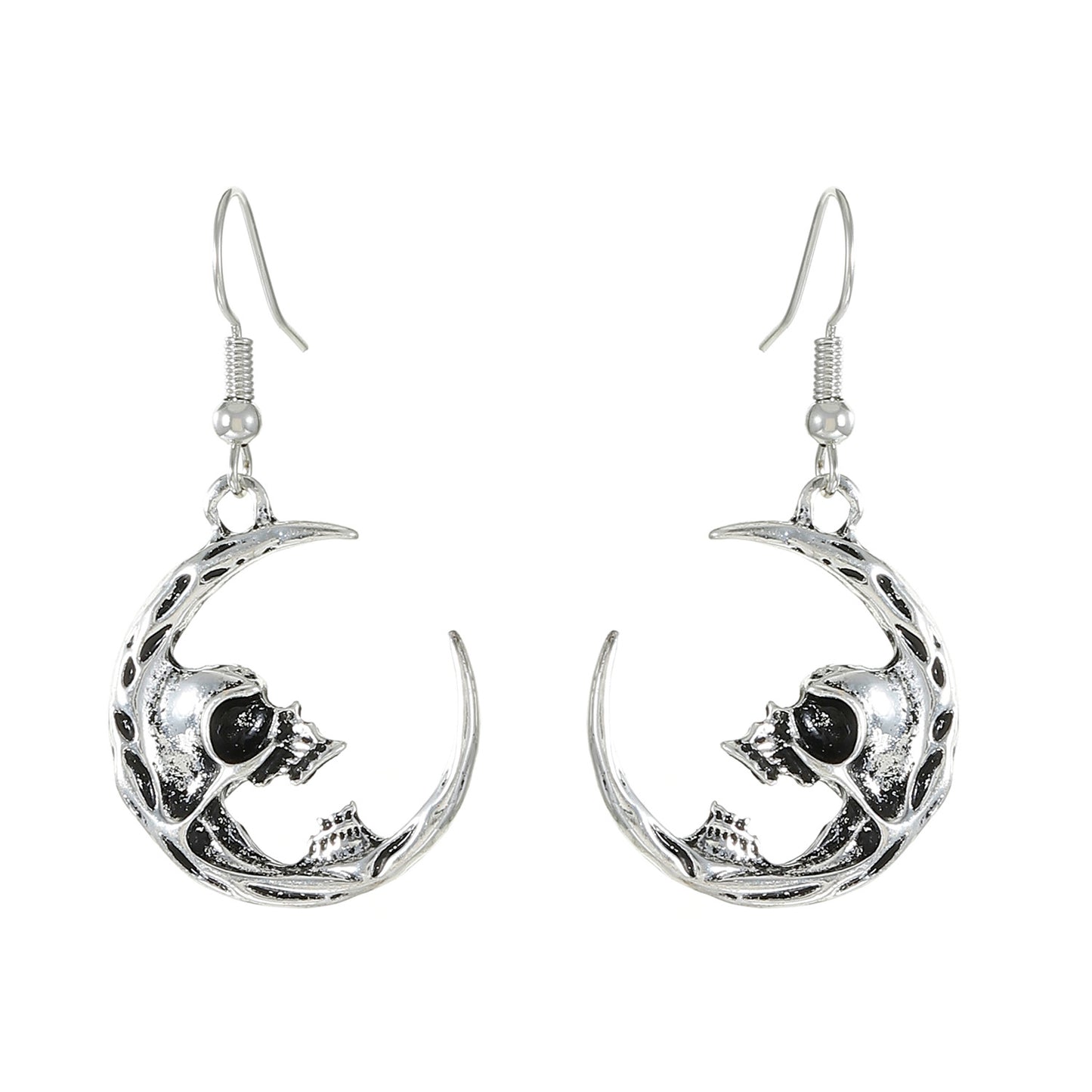 Gothic Dark Half Skull Crescent Earrings