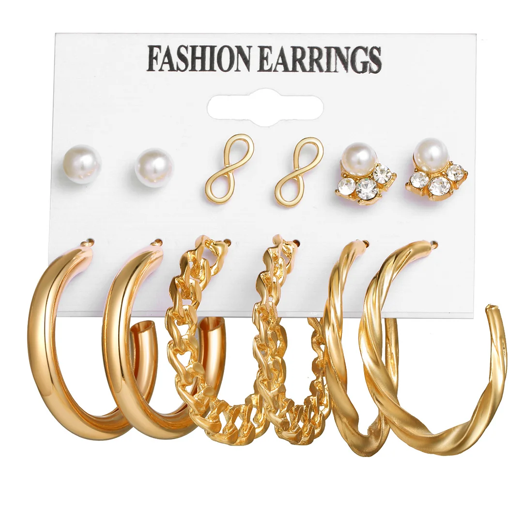 Exaggerated Geometric Pearl and Diamond Earrings Set