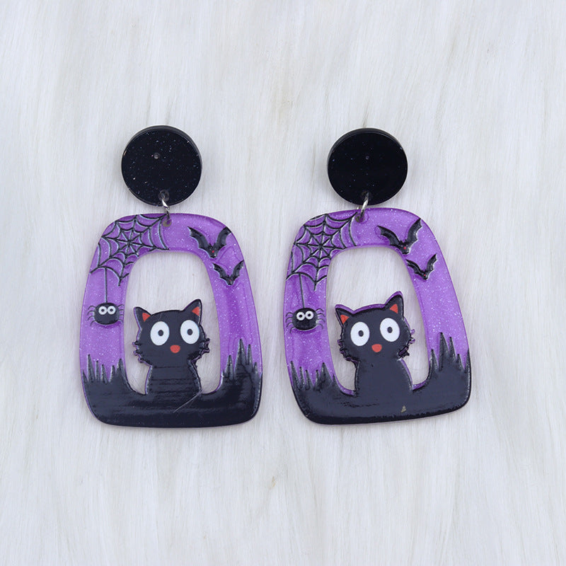 Square Round Acrylic Cartoon Ghost Pumpkin Cat Hollow Earrings