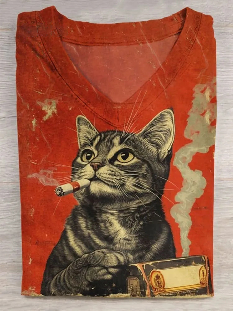 Retro Smoking Cat Art Print V-neck ShortSleeves