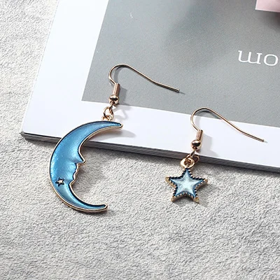 Blue Starry Planet Long Asymmetric Stud Earrings