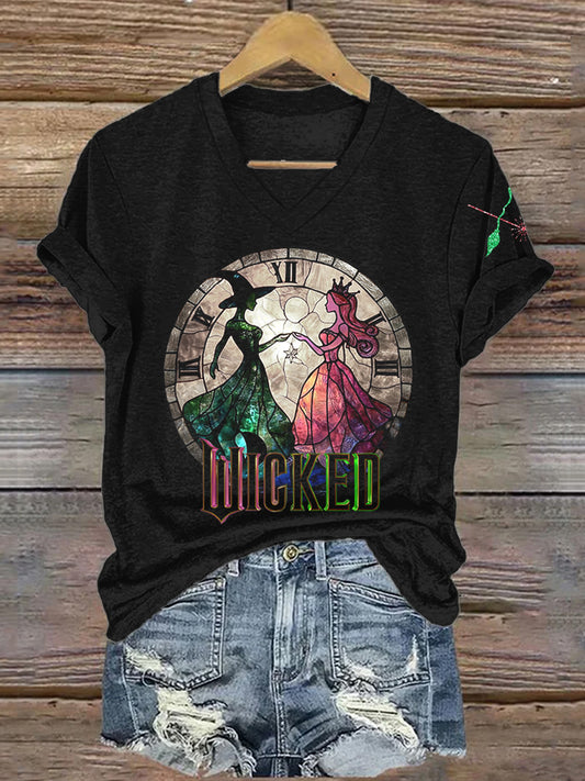 Movie Inspired Pink & Green Graphic V Neck T Shirt