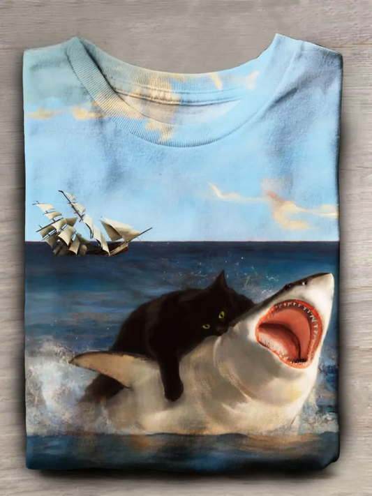 Funny Shark and Cat Print Casual Short Sleeve T-shirt