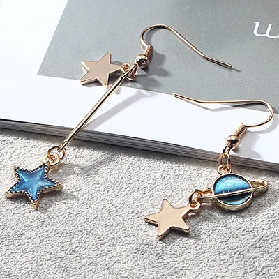 Blue Starry Planet Long Asymmetric Stud Earrings