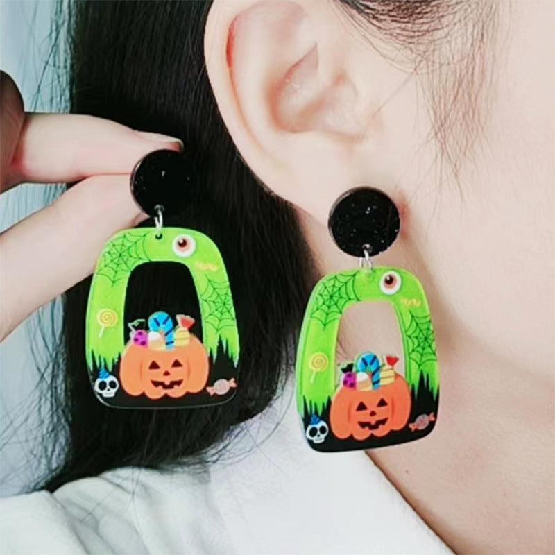 Square Round Acrylic Cartoon Ghost Pumpkin Cat Hollow Earrings