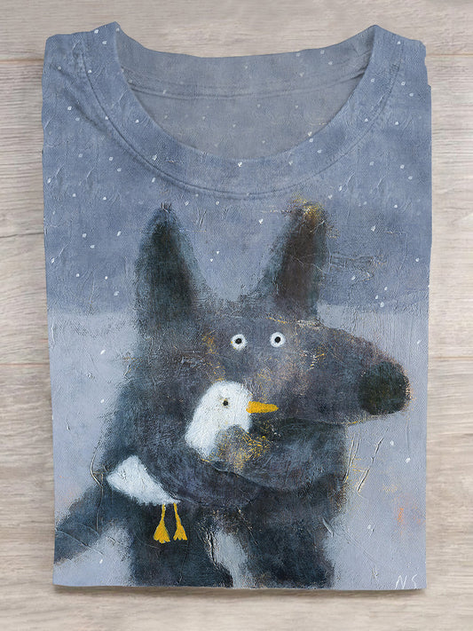 Coyote holding a seagull Printed Crew Neck T-shirt