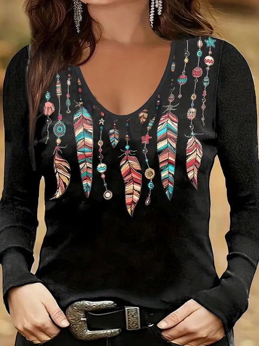 Vintage Feather Women's V-neck Long Sleeve T-shirt