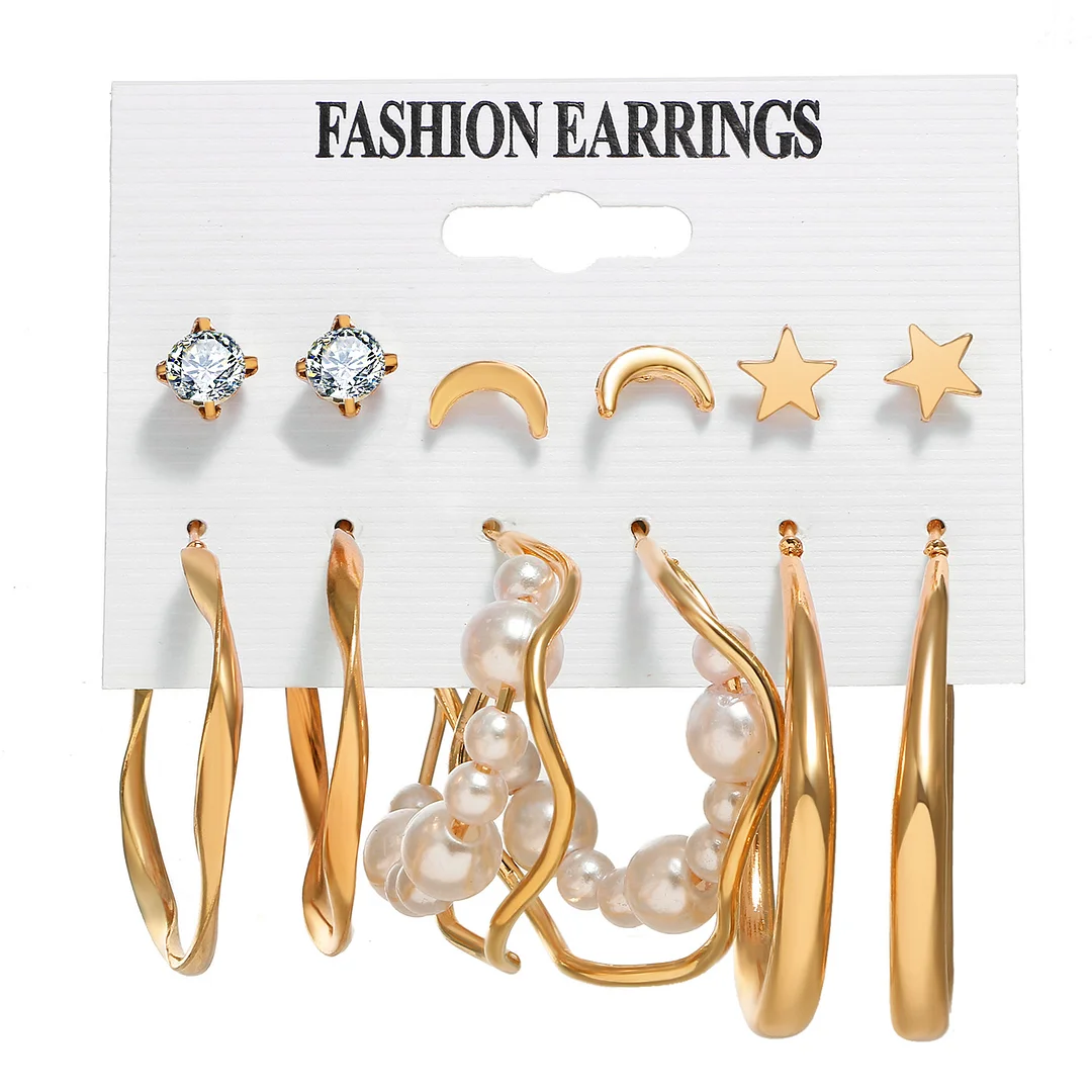 Exaggerated Geometric Pearl and Diamond Earrings Set