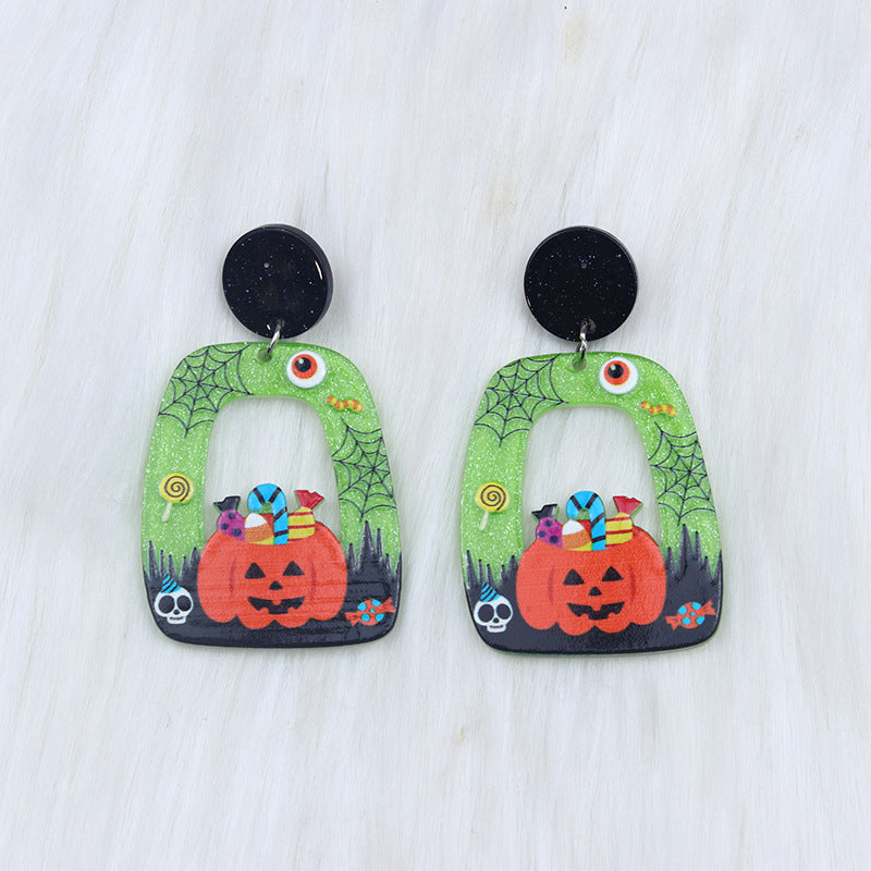 Square Round Acrylic Cartoon Ghost Pumpkin Cat Hollow Earrings