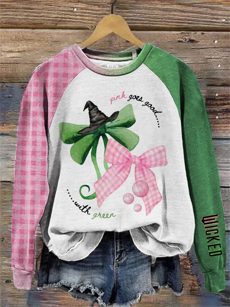 Pink & Green Bow Knots Contrast Raglan Sweatshirt