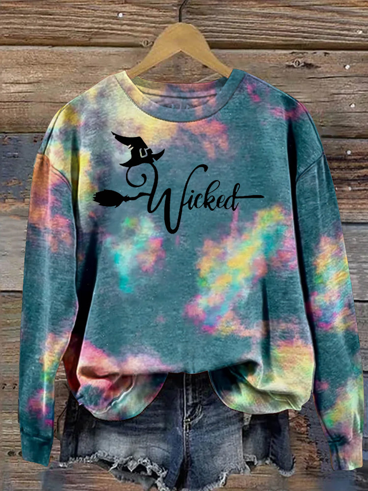 Halloween Witch Tie-Dye Print Crew Neck Sweatshirt