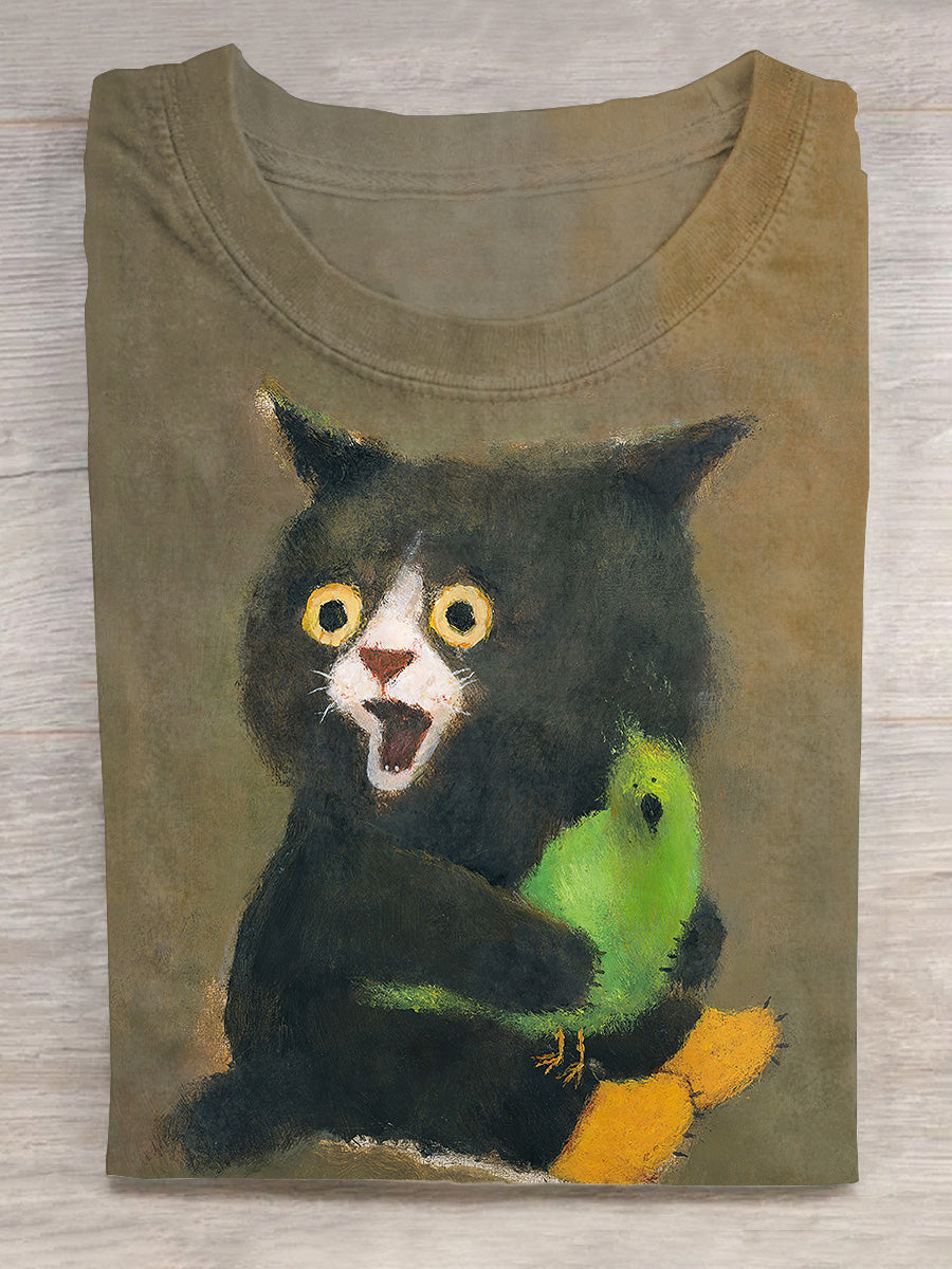 Cat With A Bird Printed Crew Neck T-shirt