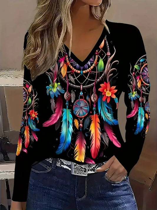 Colorful Feather Women's V-neck Long Sleeve T-shirt