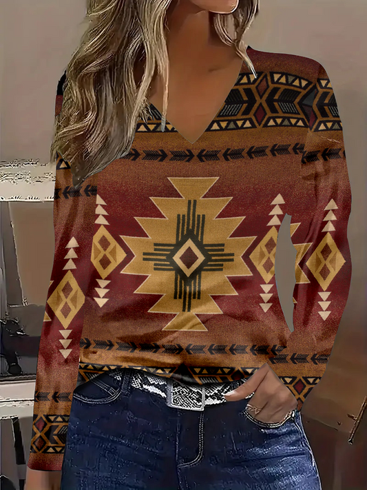 Western Style Totem Women's V-neck Long Sleeve T-shirt