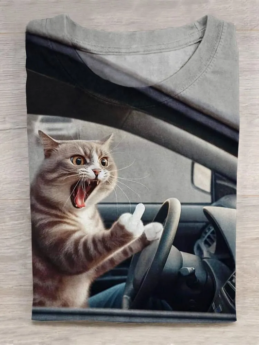 Angry Kitten Driver Funny Art Printed T-shirt