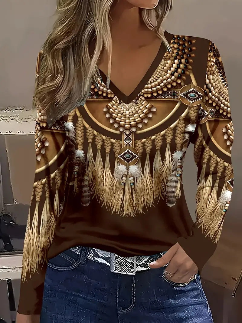 Vintage Ethnic Women's V-neck Long Sleeve T-shirt