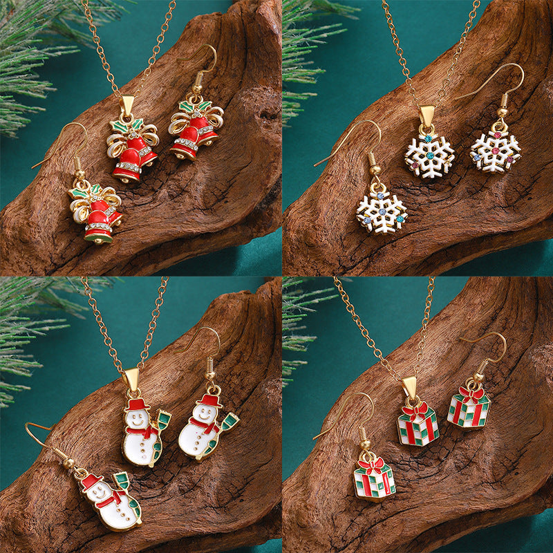 Christmas Snowman Snowflake Bell Necklace Earrings Set