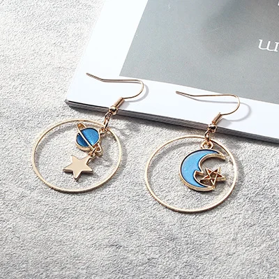 Blue Starry Planet Long Asymmetric Stud Earrings