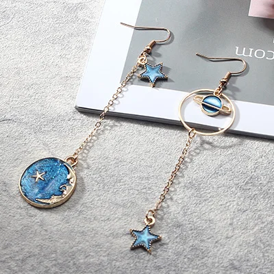 Blue Starry Planet Long Asymmetric Stud Earrings